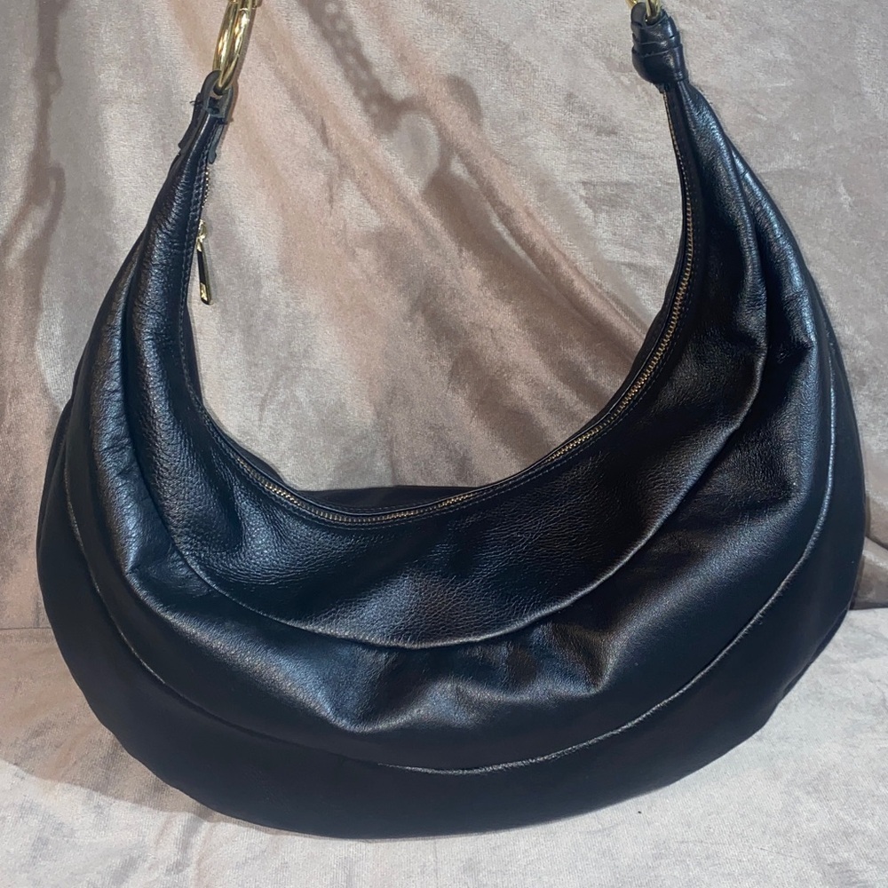 CUIR VERITABLE ITALIAN 
Elegant Black Leather Hobo Shoulder Bag - Picture 2 of 15